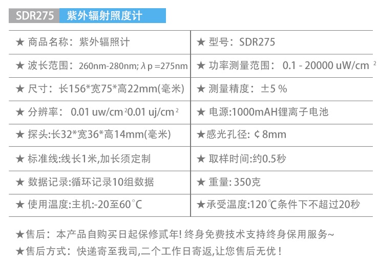 紫外輻照計參數